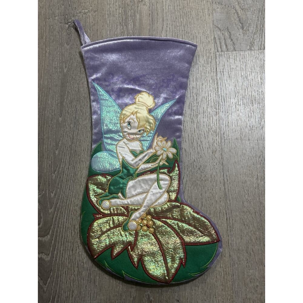 Vintage Disney Lavander Satin Embroidered Tinkerbell Christmas Stocking EUC